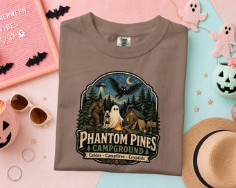 Ghost Camping Shirt, Phantom Pines Campground Tee, Cryptid Paranormal Humor T-Shirt, Retro Spooky Forest Gift, Halloween, Autumn, Outdoorsy