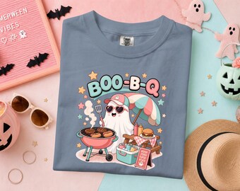 BBQ Ghost Shirt, Boo-B-Q Tee, Cute Grilling Spirit T-Shirt, Spooky Summerween Cookout Gift, Pastel Halloween Barbecue Top