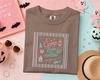 Camp Boo Hollow Shirt, Cute Camping Ghost Tee, Doodle Summerween T-Shirt, Pastel Glamping Gift, Kawaii Spooky Apparel