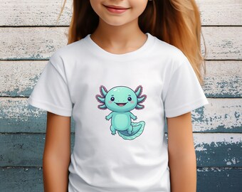 Cute Axolotl Kids Shirt, kawaii cartoon animal tee, playful kids graphic t shirt