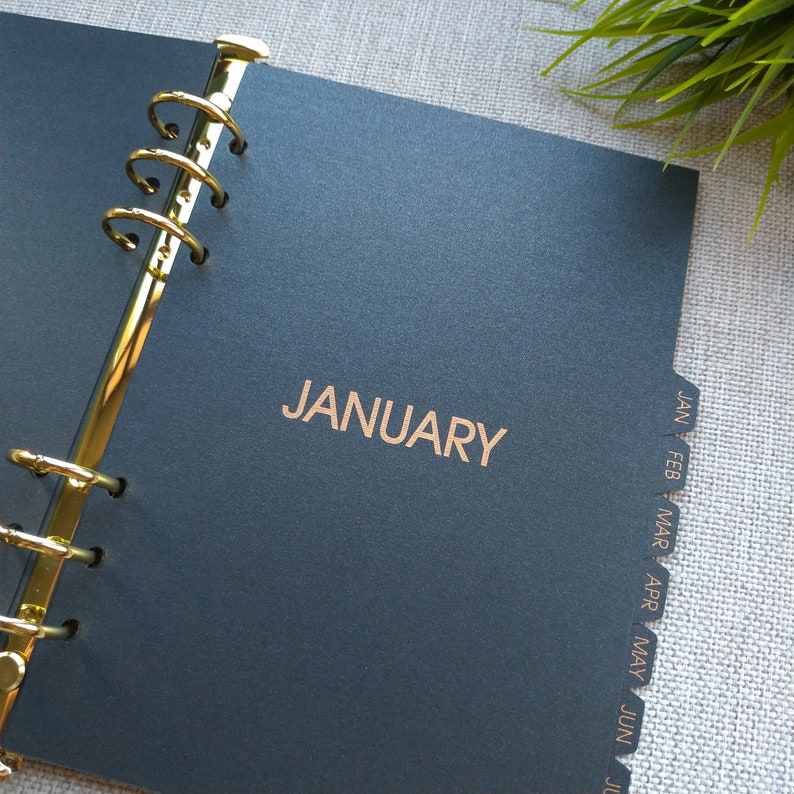 May include: A black planner page with the word JANUARY printed in gold foil. The page features a gold metal six-ring binder mechanism on the left side and a series of gold-labeled monthly tabs along the right edge, including JAN, FEB, MAR, APR, MAY, JUN.