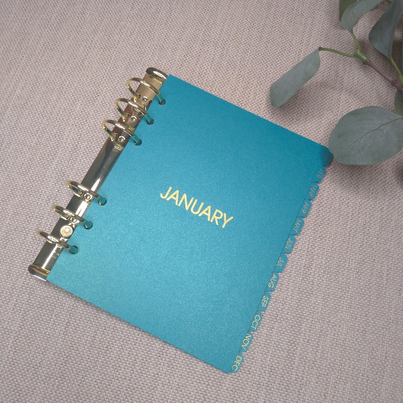 May include: A teal planner with a gold-toned metal ring binding and the word JANUARY printed in gold on the front cover. The planner features side tabs labeled with the months of the year from January through December in gold lettering.