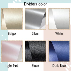 May include: A grid of six square samples showing divider colors with the text Dividers color. The colors are beige, silver, white, light pink, black, and dark blue. Each sample displays a curved sheet of material with a distinct metallic or matte finish.