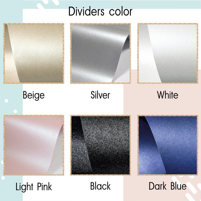 May include: A grid of six square samples showing divider colors with the text Dividers color. The colors are beige, silver, white, light pink, black, and dark blue. Each sample displays a curved sheet of material with a distinct metallic or matte finish.