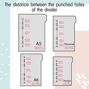 May include: A diagram showing the distance between punched holes for A5, Personal, A6, and Pocket size dividers. The text reads: The distance between the punched holes of the divider. Each section includes specific measurements in inches and centimeters.