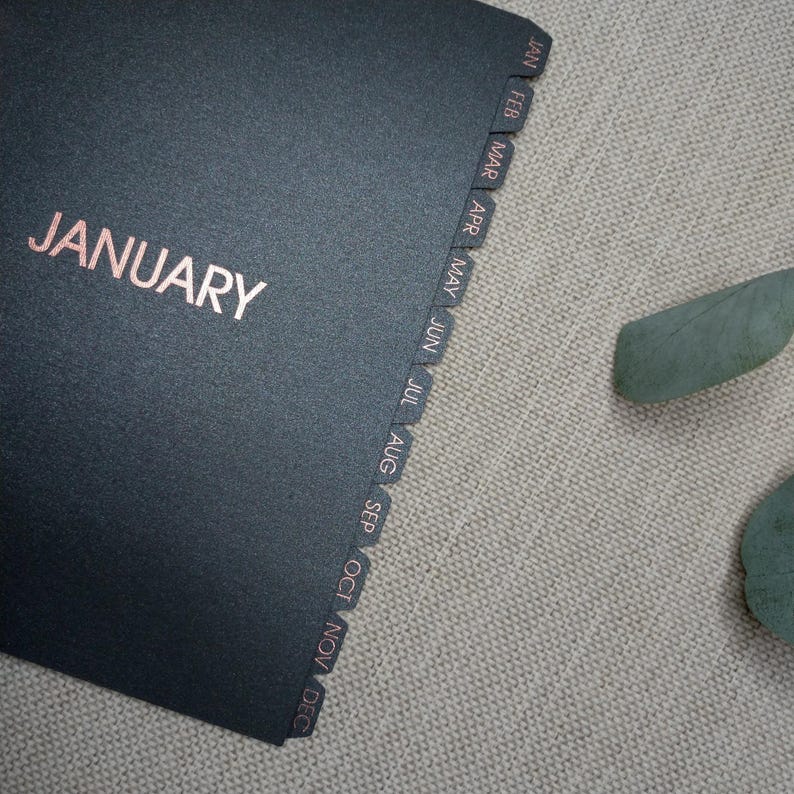 May include: A black planner with a textured cover featuring the word JANUARY in rose gold foil lettering. The side edge includes twelve protruding tabs labeled with the months of the year from JAN to DEC, also printed in rose gold foil text.