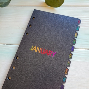 May include: A black planner divider with a textured surface and six circular holes along the left edge. The word JANUARY is printed in a rainbow gradient font in the center, and the right edge features rainbow-colored month tabs from JAN to OCT.