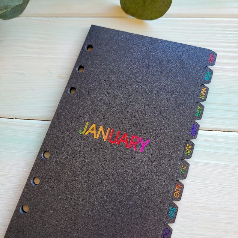 May include: A black planner divider with a textured surface and six circular holes along the left edge. The word JANUARY is printed in a rainbow gradient font in the center, and the right edge features rainbow-colored month tabs from JAN to OCT.