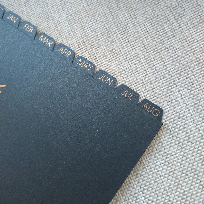 May include: A black index divider sheet featuring gold-colored text for the months of the year. The tabs are labeled JAN, FEB, MAR, APR, MAY, JUN, JUL, and AUG in a clean, sans-serif font. The material has a matte, slightly textured finish.