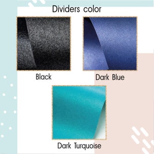May include: A color chart titled Dividers color displaying three square samples of textured material. The options include a black sample, a dark blue sample, and a dark turquoise sample, each labeled with its respective color name below the square.