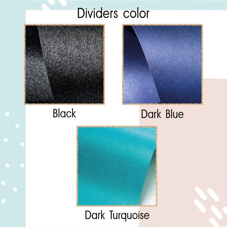 May include: A color chart titled Dividers color displaying three square samples of textured material. The options include a black sample, a dark blue sample, and a dark turquoise sample, each labeled with its respective color name below the square.