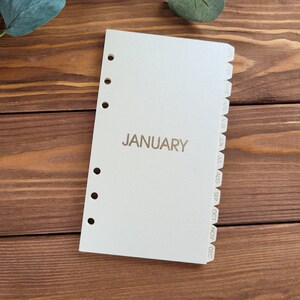 May include: A white planner divider page with six circular binder holes along the left edge. The word JANUARY is printed in gold in the center. The right edge features twelve protruding tabs labeled with the months from JAN to DEC.
