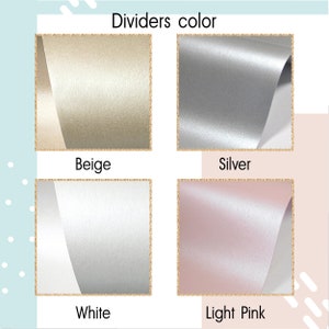 May include: A grid of four square samples showing divider colors with the text Dividers color at the top. The samples include a beige, silver, white, and light pink color, each featuring a smooth, slightly reflective, and pearlescent texture.