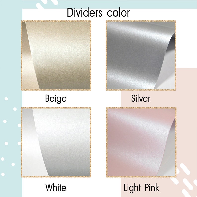 May include: A grid of four square samples showing divider colors with the text Dividers color at the top. The samples include a beige, silver, white, and light pink color, each featuring a smooth, slightly reflective, and pearlescent texture.