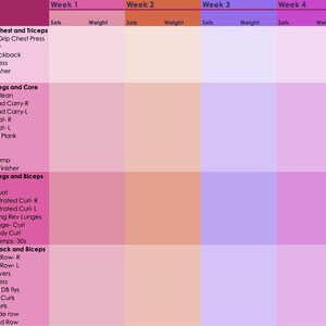 May include: A four-week workout plan with a pink, orange, purple, and light pink color scheme. The plan includes exercises for chest, triceps, legs, core, and back.