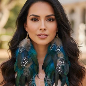 Pendientes de plumas azules: largos pendientes bohemios de lunares
