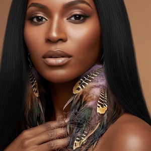 Pendientes colgantes de plumas estilo bohemio de lavanda de 20 cm. Joyas llamativas hechas a mano. Largos y ligeros.