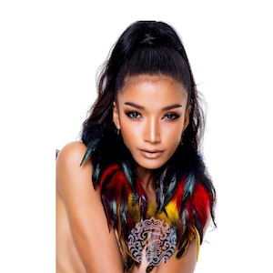 Long Feather Dangle Earrings 10&quot; | Handmade Boho Black, Red & Yellow Statement Piece