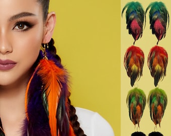 Boho Feather Earrings, 3 Layer Triple Color Feather 10 inch statement earrings