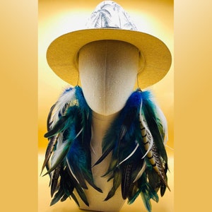 Extra Long Feather Earrings: Blue Navy White Boho Dangle Jewelry