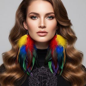 Puede incluir: Una mujer con pendientes grandes de plumas coloridas. Los pendientes tienen plumas amarillas, rojas, azules y verdes. Lleva un cuello alto negro. El texto "FASHMOROUS" es visible en la camisa. Imagen generada con IA.