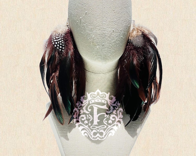 Chocolate Boho Feather Earrings 6", Natural Tribal Festival Statement Dangle
