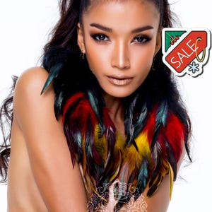 ロングフェザーダングルイヤリング 10インチ | ハンドメイドボヘミアン風 ブラック、レッド、イエローのステートメントピース