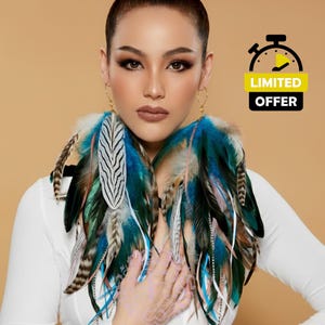 Turquoise Grizzly Pattern Feather, Extra Long 16" Mixed Dangle Statement