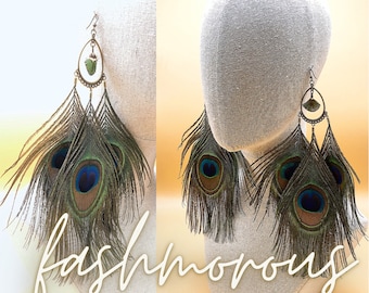 Peacock Lover Natural Peacock Feather Earrings Long Flowing Boho Chic Hippie Gift Idea Gorgeous Feather Colorful