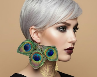 Peacock Feather Dangle Earrings | Boho Handmade Statement Earrings for Women dramatic