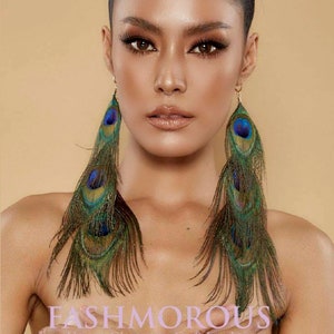 Handmade Peacock Feather Dangle Earrings: Boho Statement Jewelry