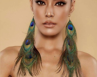 Handmade Peacock Feather Dangle Earrings: Boho Statement Jewelry