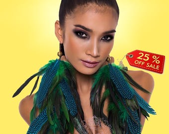 Extra Long Feather Earrings: Blue Green Boho Statement Jewelry