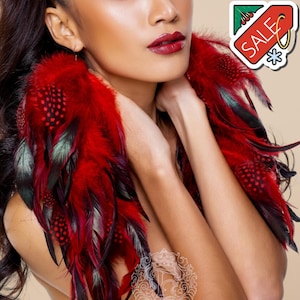 Red Polka Dot Shoulder Duster 12", Long Statement Dangle Feather Earrings gift for her