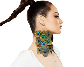 Handmade Peacock Feather Earrings: 3-Tier Boho Statement Jewelry