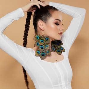 Handmade Peacock Feather Earrings: 3-Tier Boho Statement Jewelry