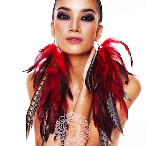 Red Feather Statement Earrings: Boho Dangle Earrings