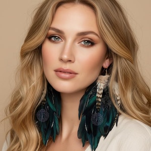 6 inch oorbellen met zwarte veren, grizzly accent, boho-festivalstatement hanger