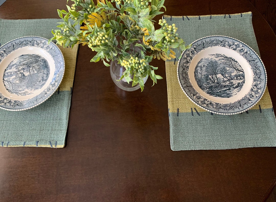 Table Placemats Blue Green and Gold Placemats Repurposed Etsy
