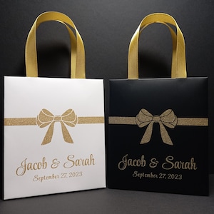 25 Wedding Welcome Bags with satin ribbon handles and bow, Black and Gold Welcome Bags for Gift, Wedding Gift Bags for Guests