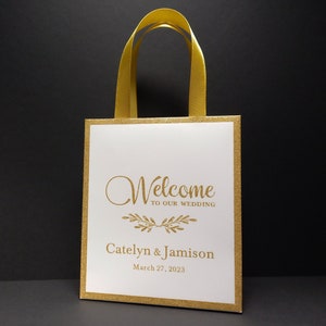 30 Wedding Welcome Bags with gold edge and satin ribbon handles, Elegant Black and Gold Luxury Bags for Gift, Wedding Gift Bags for Guests