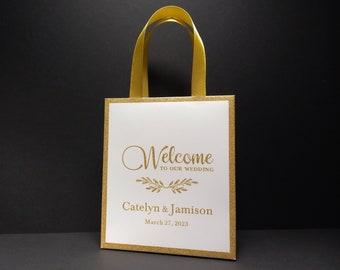 30 sacs de bienvenue pour mariage avec bordure dorée et poignées en ruban de satin, sacs de luxe élégants en noir et or à offrir, sacs-cadeaux de mariage pour invités