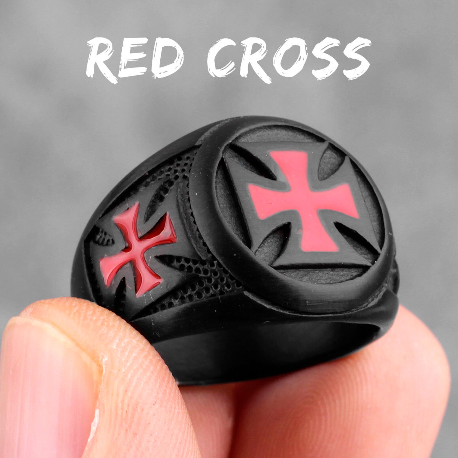 Men's Templar Crusader Ring – Stainless Steel Gothic Ring With Red Enamel Cross, Black/Silver Military Fantasy Jewelry