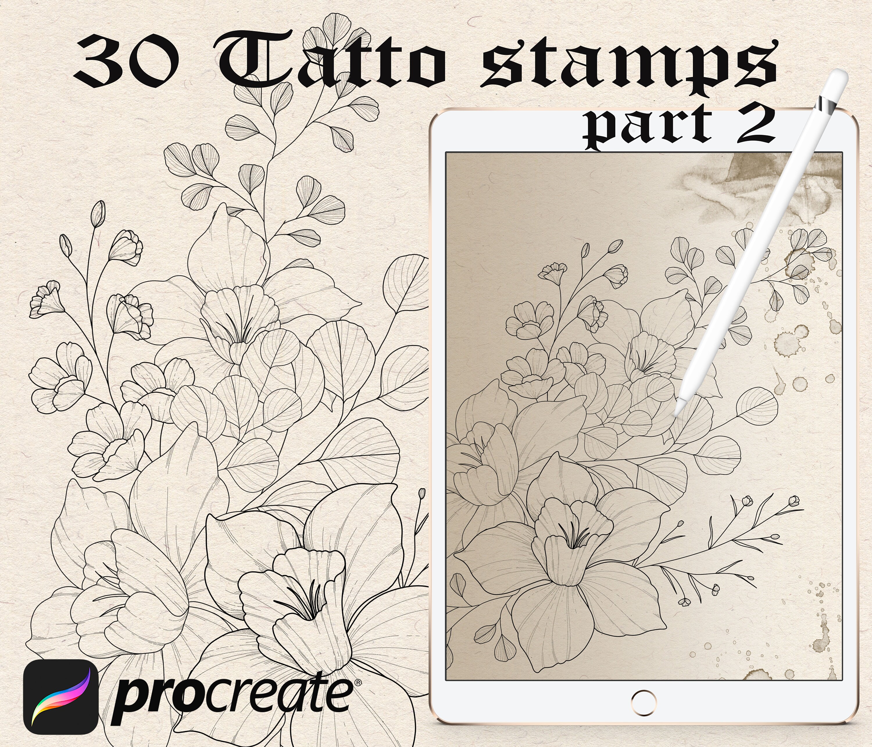 Procreate brushes tattoo stencil set tattoo brushset floral Etsy
