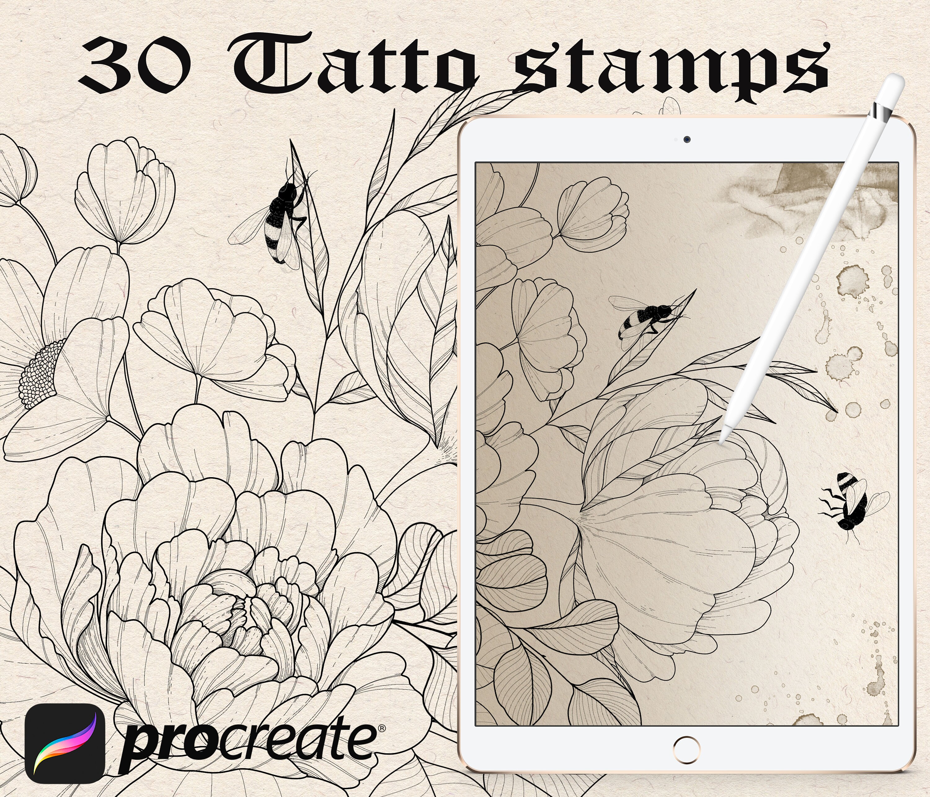 Procreate brushes tattoo stencil set tattoo brushset floral Etsy