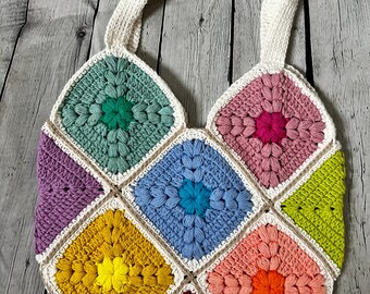 Crochet Granny Squares Tote Bag, Crochet Puff Bag, Retro Bag, Crochet Hobo Bag, Crochet Hippie Bag