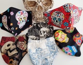 Sugar Skull Face Mask Day of the Dead Halloween Reusable Reversible Removable Nose Wire Adjustable Ear Loops Adult Petite Kids