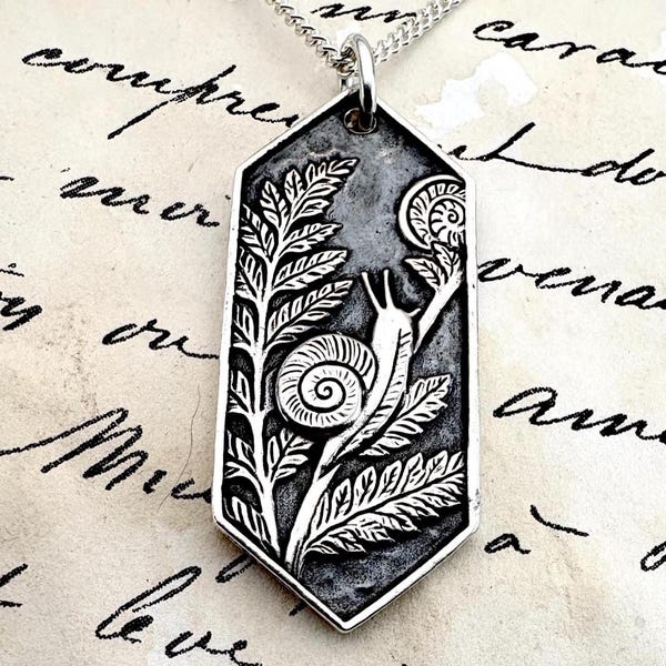 Snail & Fern Solid Silver Pendant Necklace: Handmade Nature Talisman, Liliane Ting Design