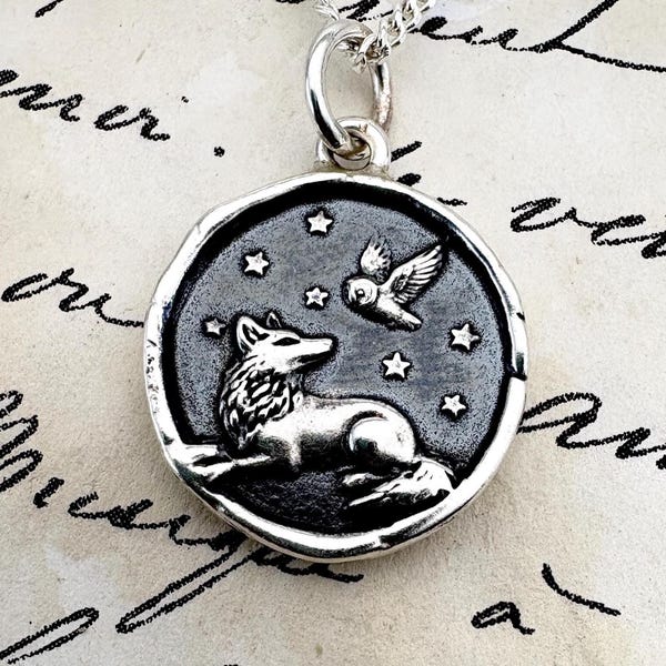 Wolf & Owl Under the Stars Wax Seal Pendant, Handmade Solid Silver Necklace, Liliane Ting Design