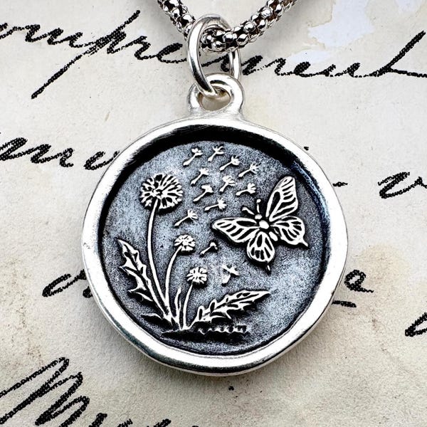 Dandelion & Butterfly Wax Seal Necklace • Handmade Solid Silver Nature Pendant Talisman • Liliane Ting Design